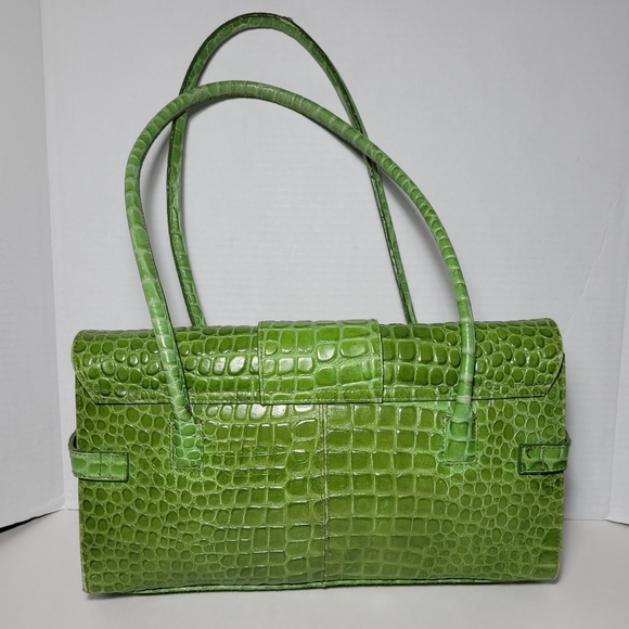 Genuine Leather Green Croc Embossed Handbag Shoulder Bag Satchel Vintage - Picture 2 of 16